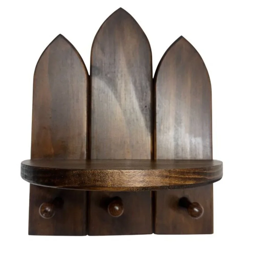 Handmade Gothic Cathedral Arch Wood Wall Shelf 3 Hooks Dark Walnut Witchy Altar